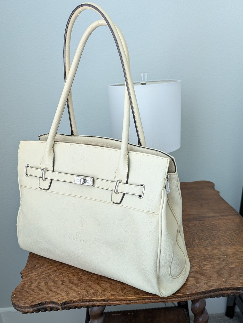 Cream Leather Berkin Look Alike Bag with Silver Hardware By Hexagona